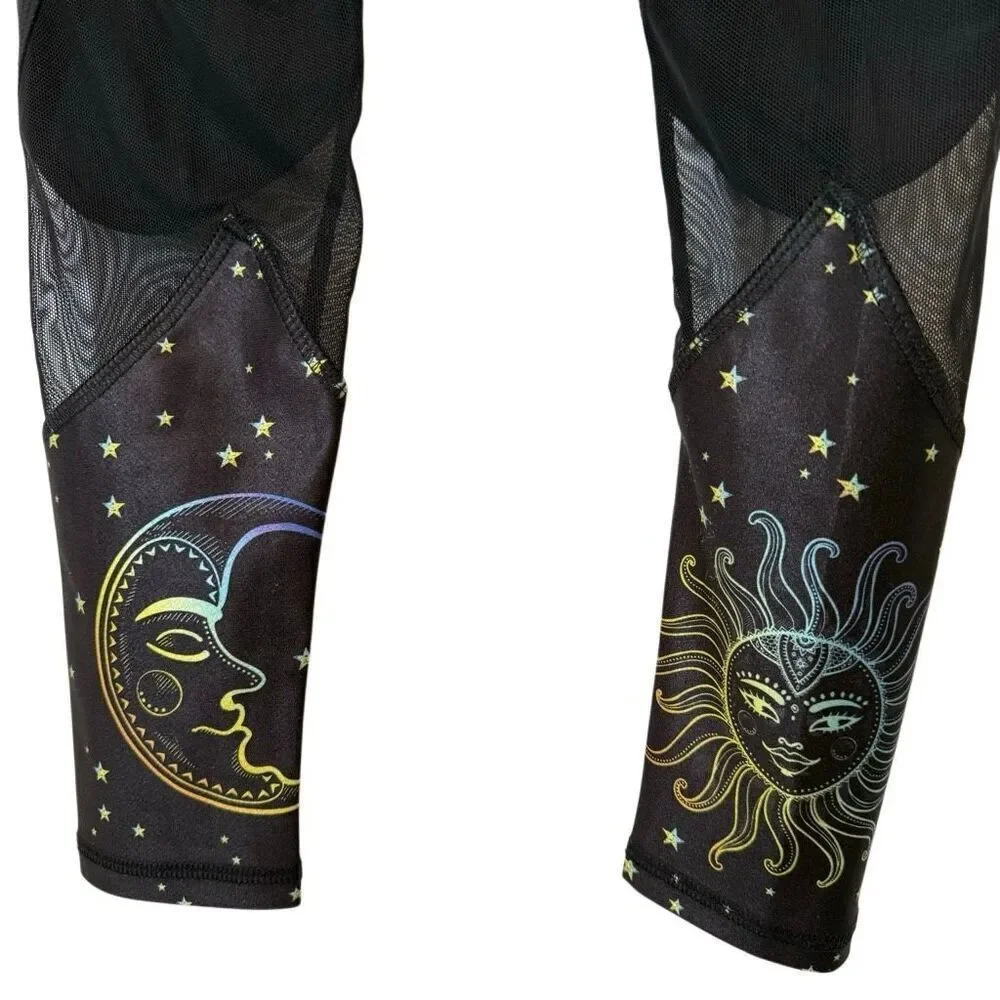 Terez Girls Celestial Sun and Moon Design Mesh Panel Ankle Leggings Black Size X
